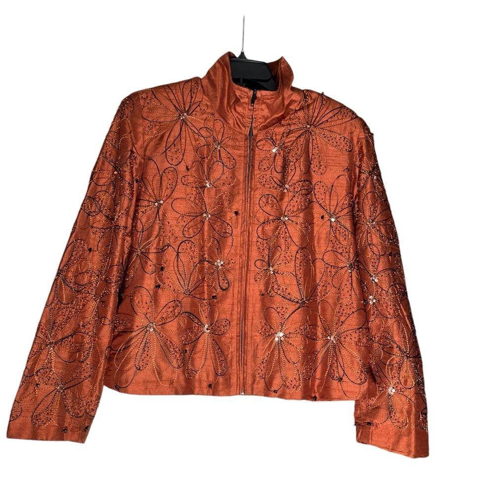 VTG Anage Womens Silk Embroidered Beaded Zip Up Light Jacket Size M Burnt Orange